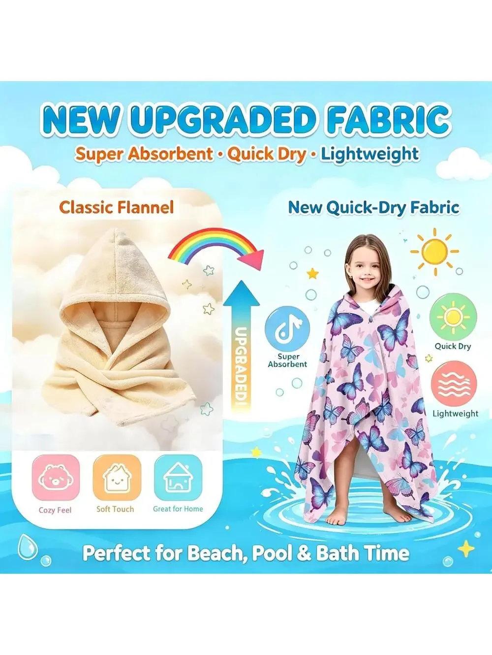 NWT Butterfy Soft Wearable Hooded Poncho Towel for Toddlers, 30